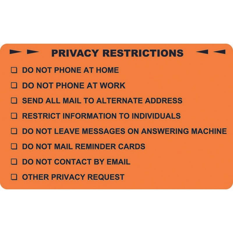 HIPAA Labels, PRIVACY RESTRICTIONS- Fluorescent Orange, 4" X 2-1/2" (Roll of 100)