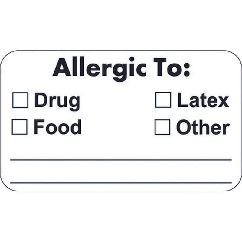 Allergy Warning Labels, ALLERGIC TO: - White, 1-1/2" X 7/8" (Roll of 250)