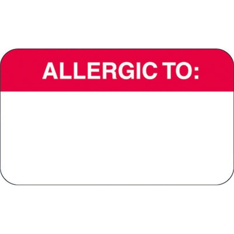 Allergy Warning Labels, ALLERGIC TO: - Red/White, 1-1/2" X 7/8" (Roll of 500)
