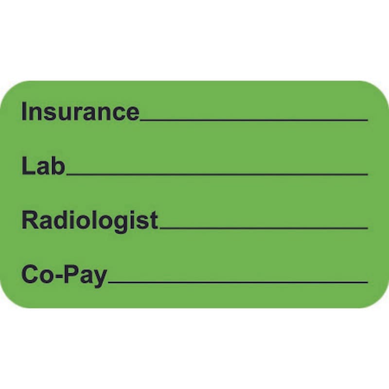 Insurance Labels, Insurance_Lab_Radiologist_Co-Pay_ Fluorescent Green, 1-1/2" x 7/8" (Roll of 250)
