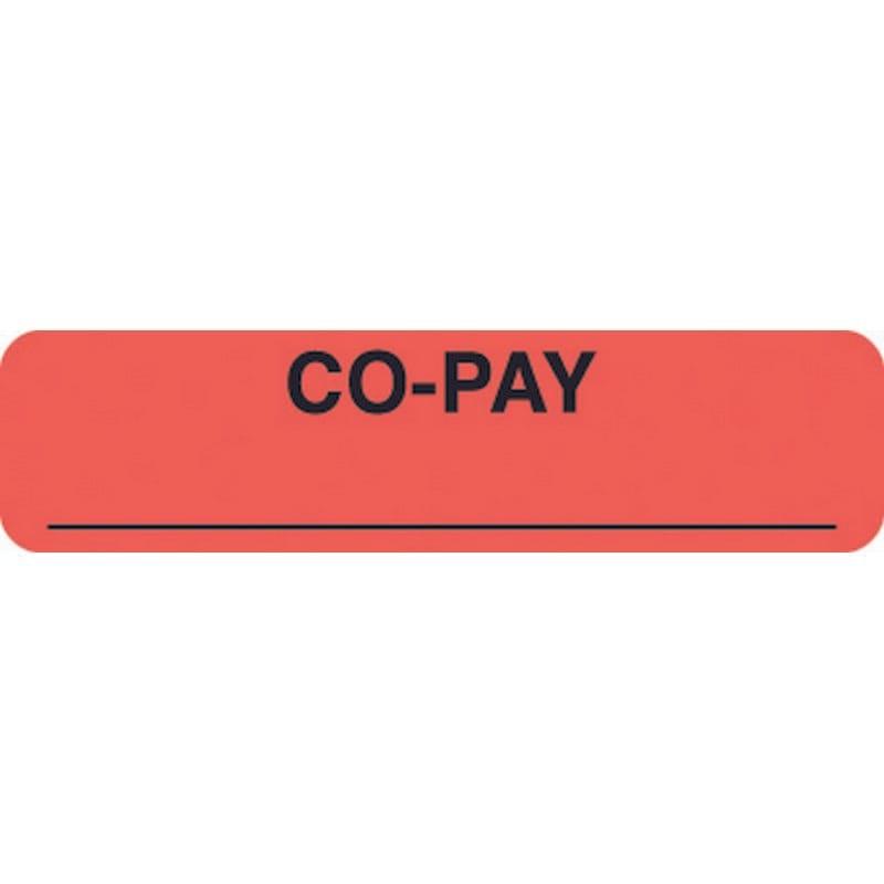 Insurance Labels, CO-PAY - Fluorescent Red , 1-1/4" X 5/16" (Roll of 500)