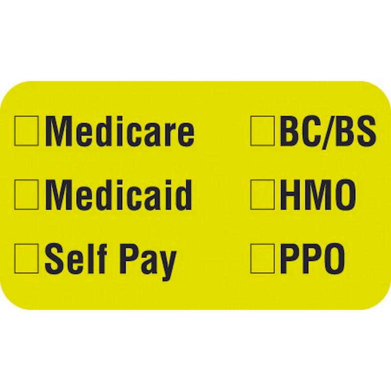 Insurance Labels, Medicare_Medicaid_Self Pay_ BC/BS_HMO_PPO_ - Fl Chartreuse, 1-1/2" X 7/8" (Roll of 250)