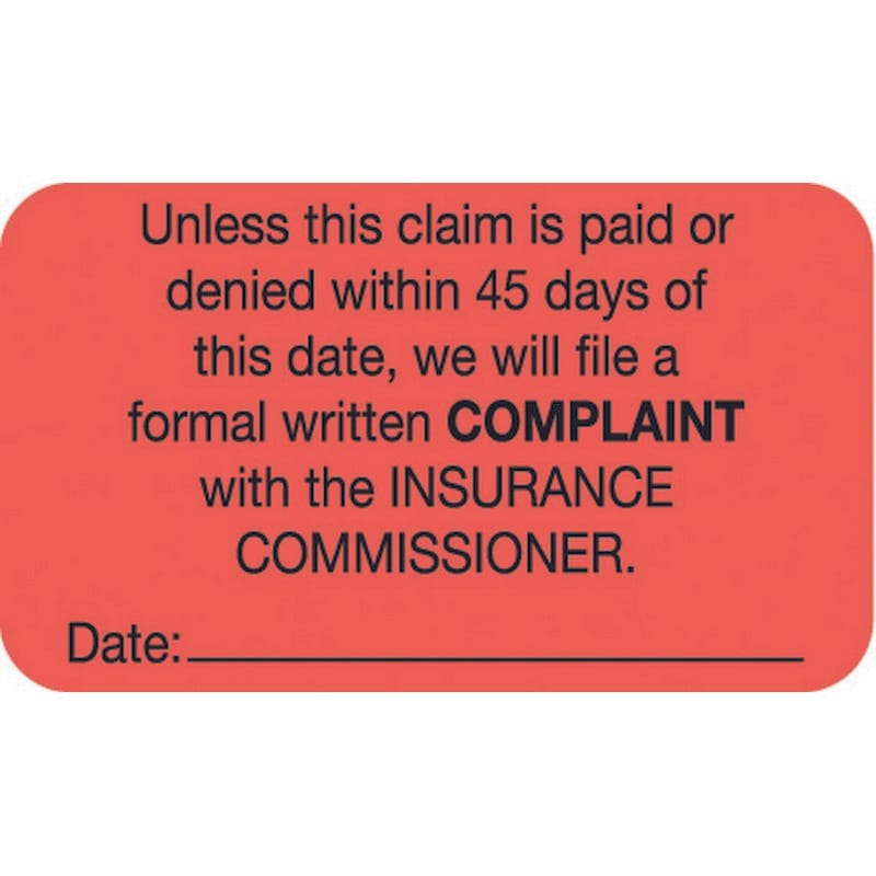 Insurance Labels, COMPLAINT with the INSURANCE COMMISSIONER., Fluorescent Red, 1-1/2" x 7/8" (Roll of 250)