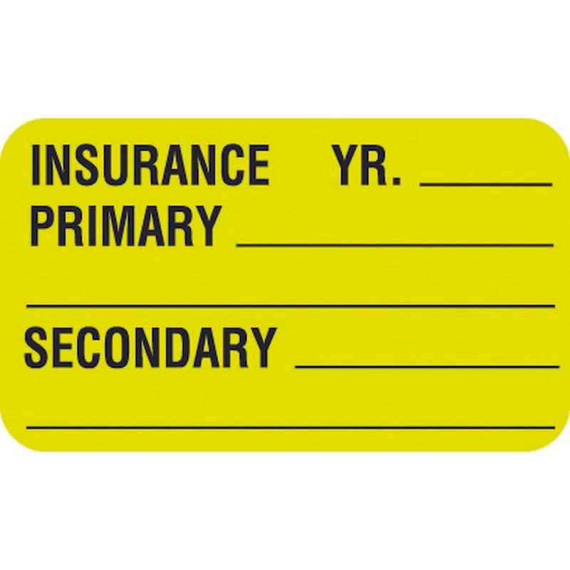 Insurance Labels, INSURANCE PRIMARY_ SECONDARY_ - Fl Chartreuse, 1-1/2" X 7/8" (Roll of 250)