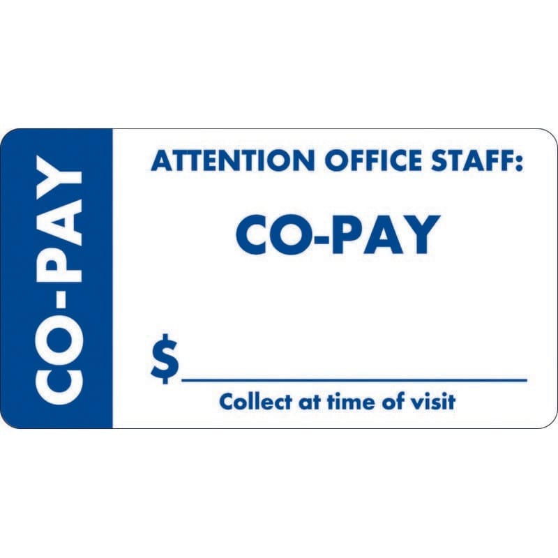 Insurance Labels, CO-PAY - White, and Blue (Wrap-around), 3-1/4" X 1-3/4" (Roll of 250)