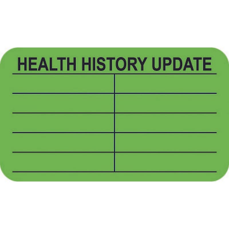 Chart Labels, Health History Update, Fluorescent Green, 1-1/2" x 7/8", (Roll of 250)