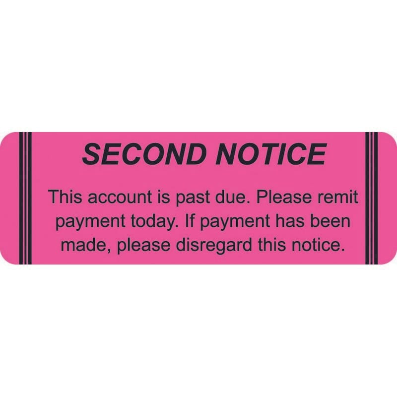 Billing Labels, SECOND NOTICE, Fluorescent Pink, 3" x 1", (Roll of 250)