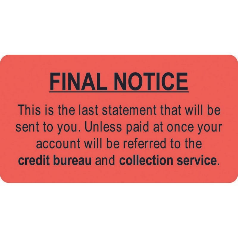 Billing Collection Labels, Fl Red - FINAL NOTICE, 3-1/4" X 1-3/4" (Roll of 250)