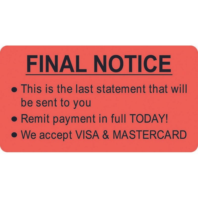 Billing Collection Labels, Fl Red - FINAL NOTICE, 3-1/4" X 1-3/4" (Roll of 250)