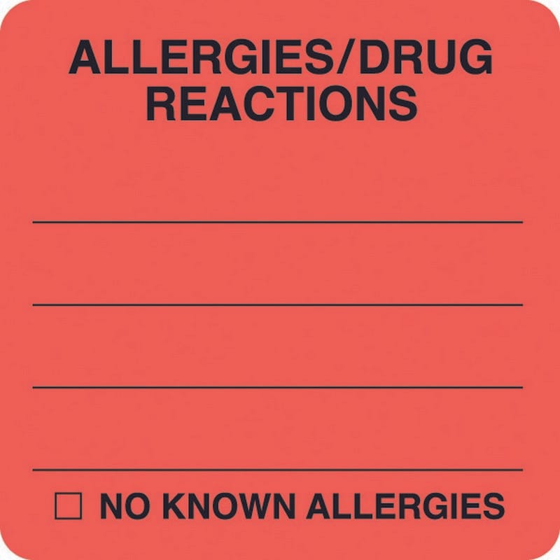 Allergy Warning Labels, ALLERGIES / DRUG REACTIONS - Fl Red 2" X 2" (Roll of 250)