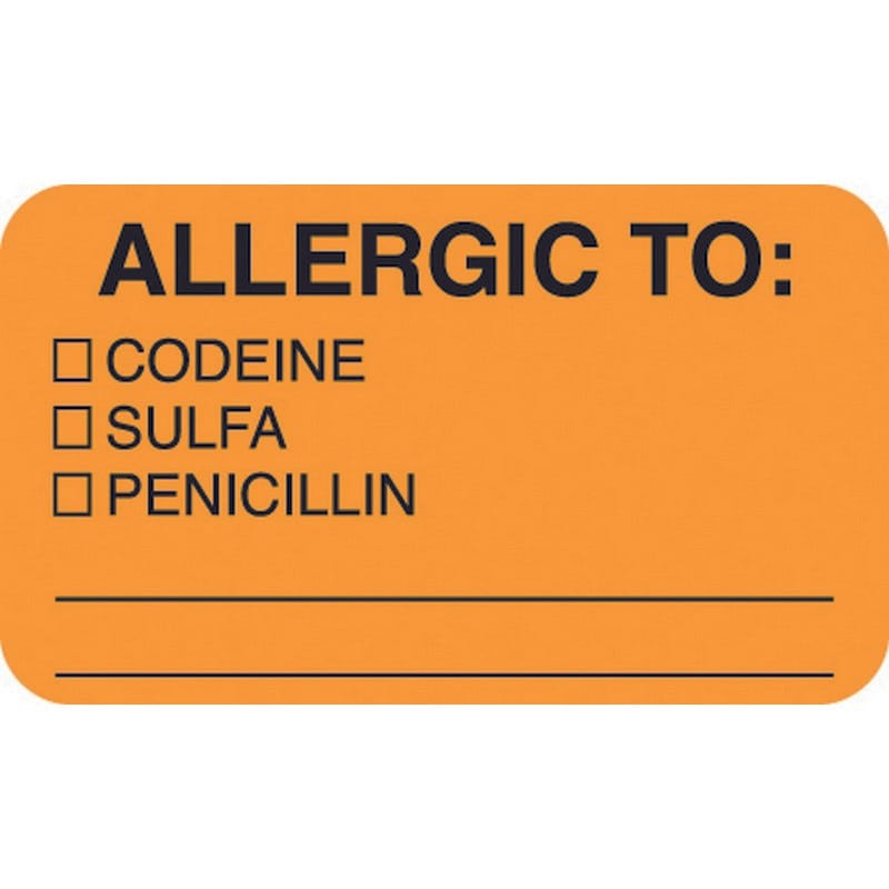 Allergy Warning Labels, ALLERGIC TO: - Fl Orange, 1-1/2" X 7/8" (Roll of 250)