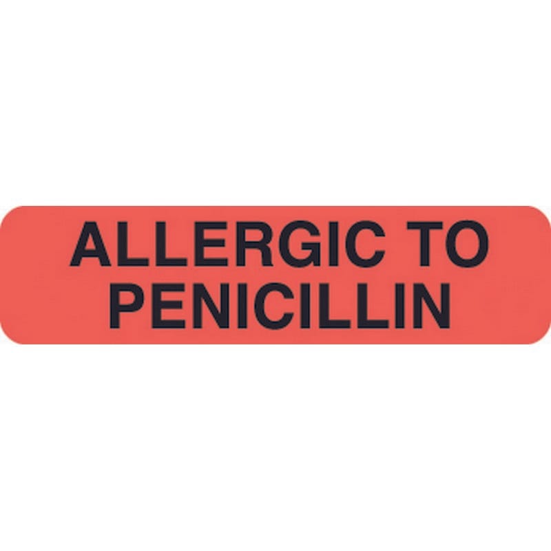 Allergy Warning Labels, ALLERGIC TO: Penicillin - Fl Red, 1 1/4" X 5/16" (Roll of 500)