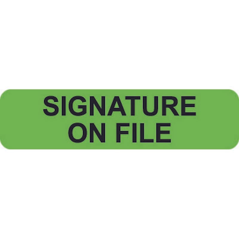 Insurance Labels, SIGNATURE ON FILE - Fl Green, 1-1/4" X 5/16" (Roll of 500)
