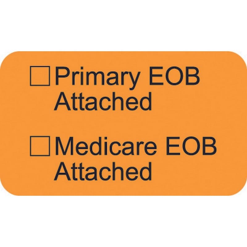 Insurance Labels, Primary EOB Attached__ Medicare EOB Attached__, Fluorescent Orange, 1-1/2" x 7/8" (Roll of 250)