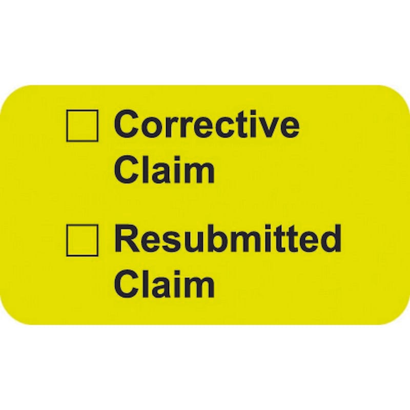 Insurance Labels, Corrective Claim __ Resubmitted Claim__, Fluorescent Chartreuse, 1-1/2" x 7/8" (Roll of 250)