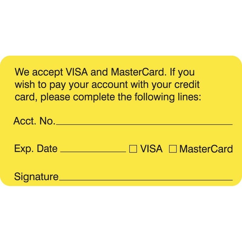 Billing Collection Labels, Fl Chartreuse - We Accept Visa and..., 3-1/4" X 1-3/4" (Roll of 250)