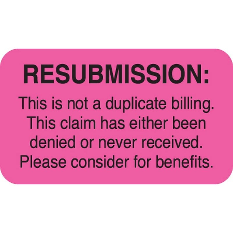 Insurance Collection Labels, RESUBMISSION - Fl Pink, 1-1/2" X 7/8" (Roll of 250)