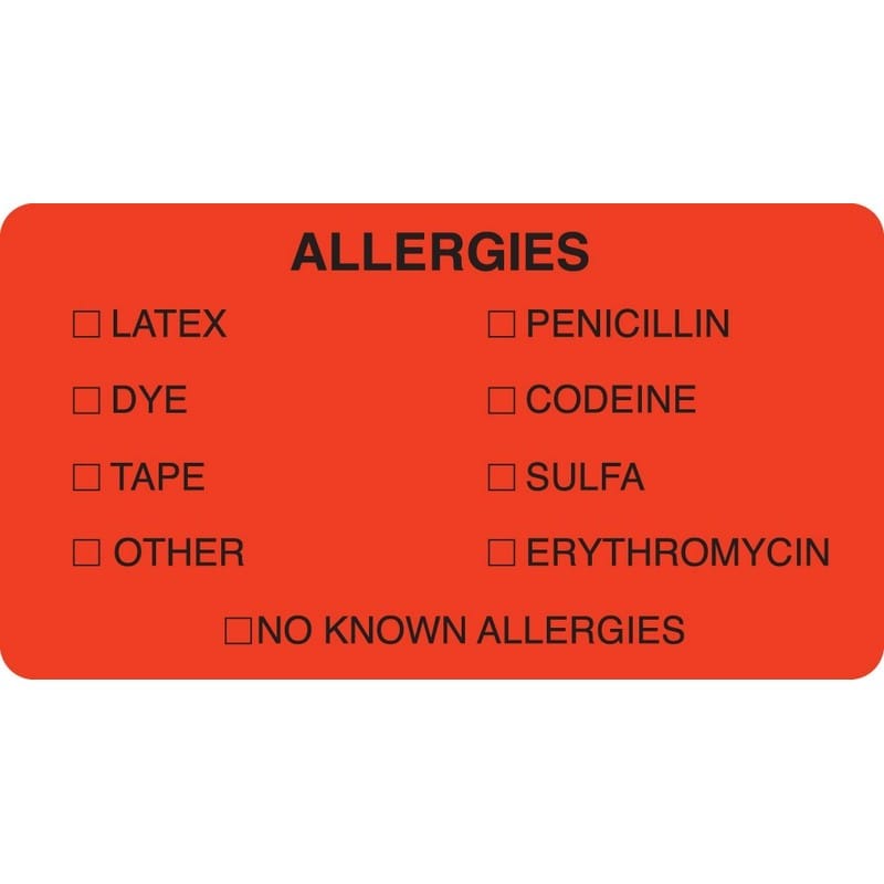 Allergy Warning Labels, ALLERGIES - Fl Red, 3-1/4" X 1-3/4" (Roll of 250)