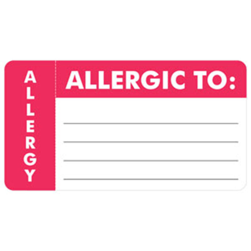 Allergy Warning Labels, ALLERGIC TO: - Red/White (Wrap Around), 3-1/4" X 1-3/4" (Roll of 250)