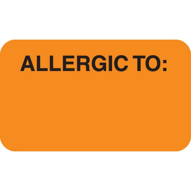 Allergy Warning Labels, ALLERGIC TO: - Fl Orange, 1-1/2" X 7/8" (Roll of 250)