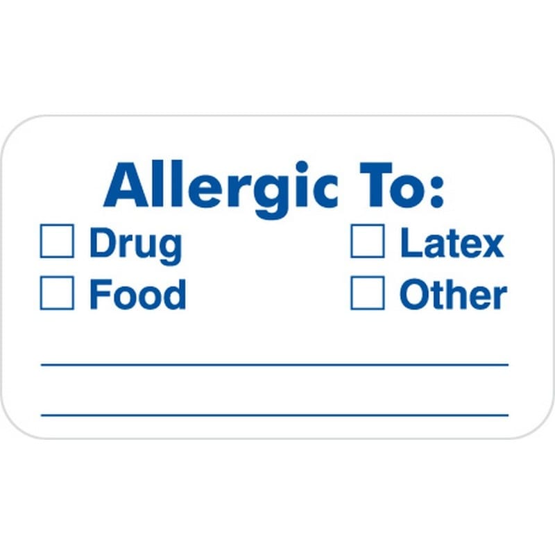 Allergy Warning Labels, ALLERGIC TO: - White, 1-1/2" X 7/8" (Roll of 250)