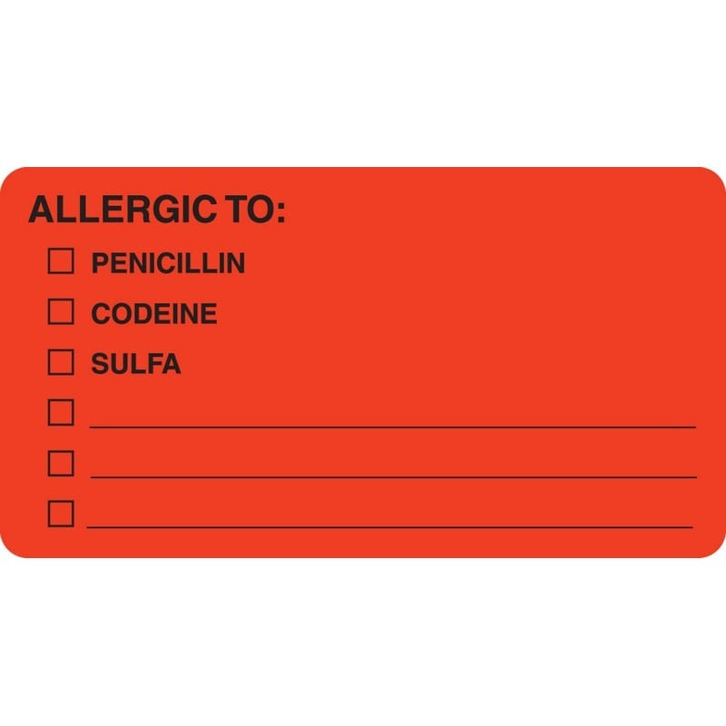 Allergy Warning Labels, ALLERGIC TO: - Fl Red, 3-1/4" X 1-3/4" (Roll of 250)