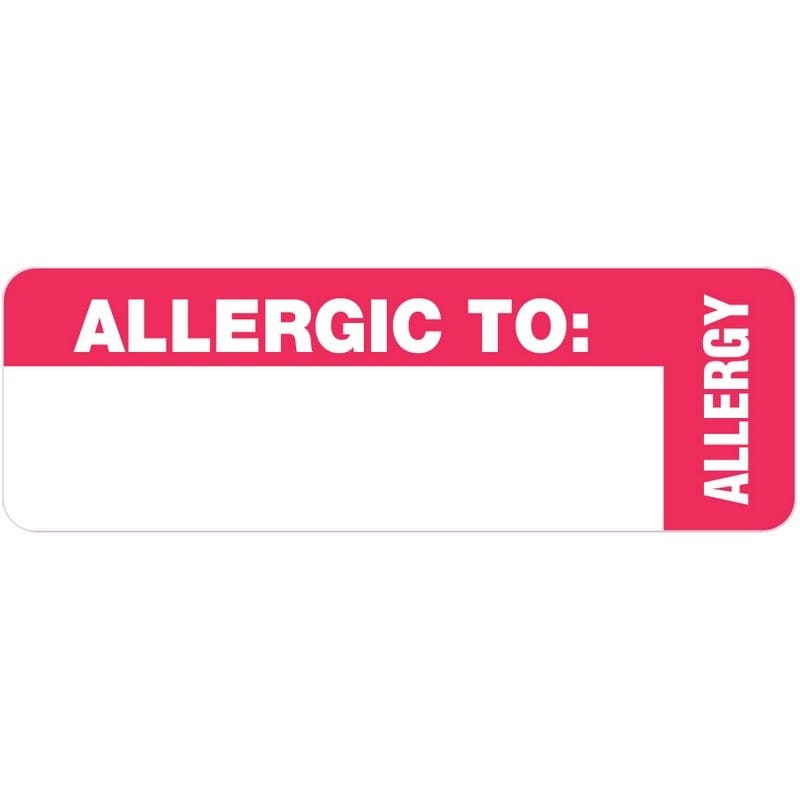 Allergy Warning Labels, ALLERGIC TO: - Red/White (Wrap Around), 3-1/4" X 1-3/4" (Roll of 250)