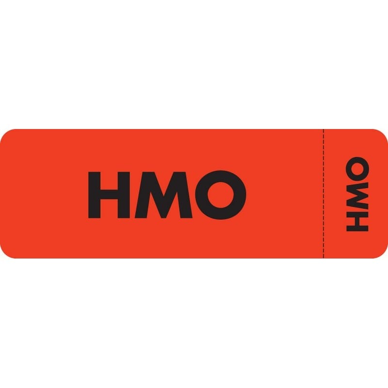 Insurance Labels, HMO - Fl Red (Wrap-around), 3" X 1" (Roll of 250)
