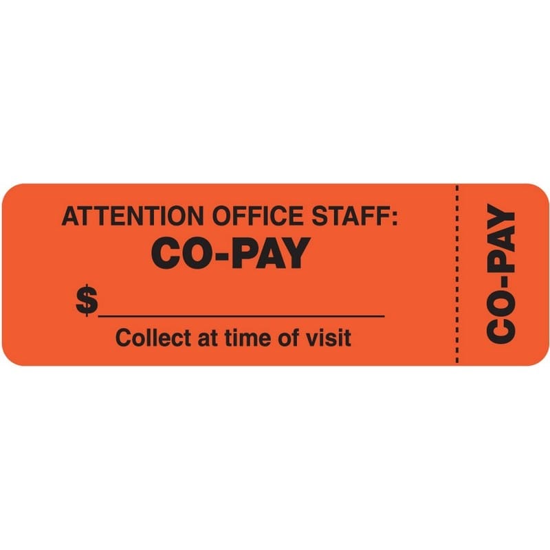 Insurance Labels, CO-PAY - Fl Red (Wrap-around), 3" X 1" (Roll of 250)