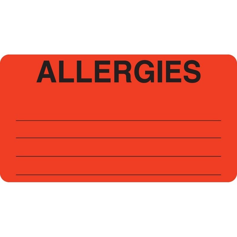 Allergy Warning Labels, ALLERGIES - Fl Red, 3-1/4" X 1-3/4" (Roll of 250)