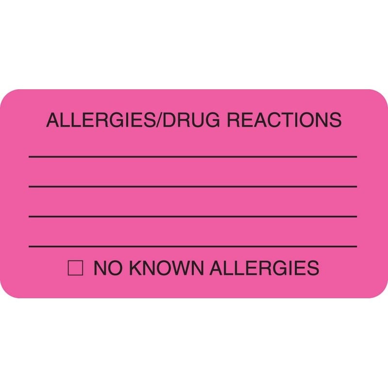 Allergy Warning Labels, ALLERGIES/DRUG REACTIONS - Fl Pink, 3-1/4" X 1-3/4" (Roll of 250)