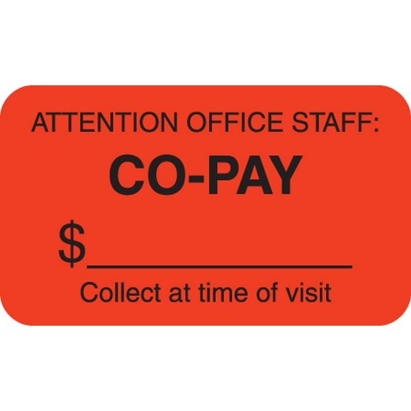 Insurance Labels, CO-PAY - Fl Red, 1-1/2" X 7/8" (Roll of 250)