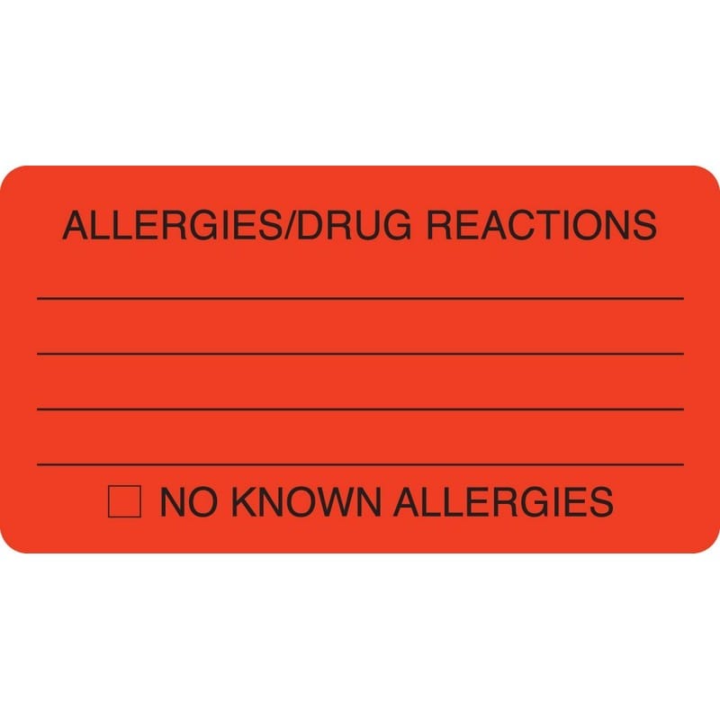 Allergy Warning Labels, ALLERGIES/DRUG REACTIONS - Fl Red, 3-1/4" X 1-3/4" (Roll of 250)