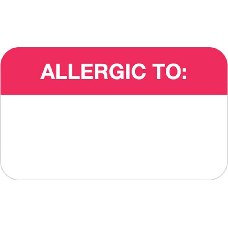 Allergy Warning Labels, ALLERGIC TO: - Red/White, 1-1/2" X 7/8" (Roll of 250)