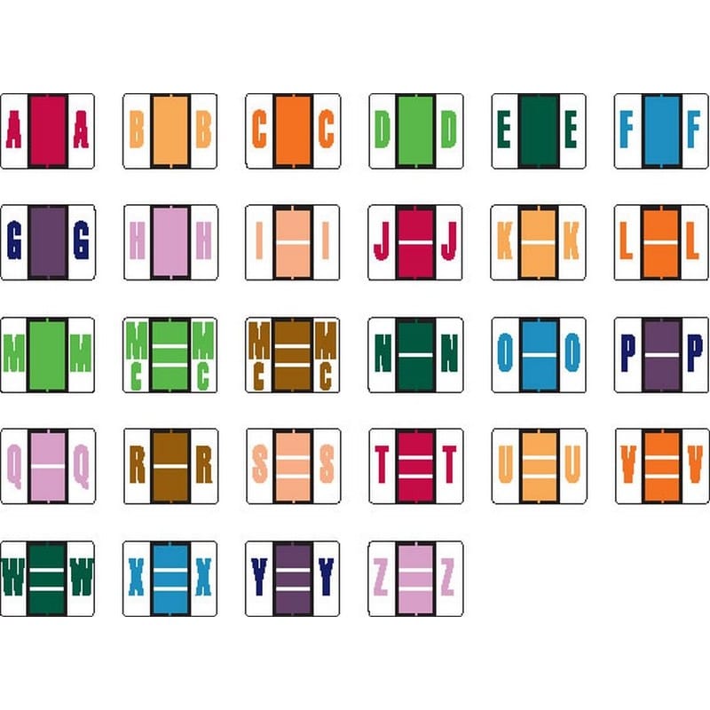Tab Compatible Alpha Labels, Vinyl Kimdura Stock, 1" X 1.25", Starter Set - 27 Rolls of 500