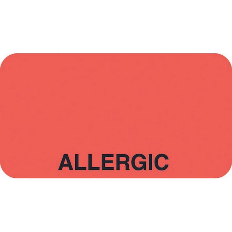 Allergy Warning Labels, ALLERGIC - Fl Red, 1-5/8" X 7/8" (Roll of 500)