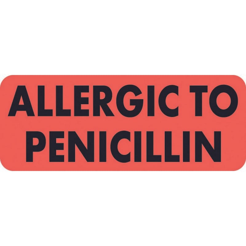 Allergy Warning Labels, ALLERGIC TO: Penicillin - Fl Red, 2 1/4" X 7/8" (Roll of 420)