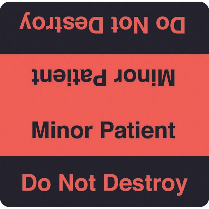 Chart Labels, Minor Patient Do Not Destroy - Fluorescent Red, 1-7/8" X 1-7/8" (Roll of 500)