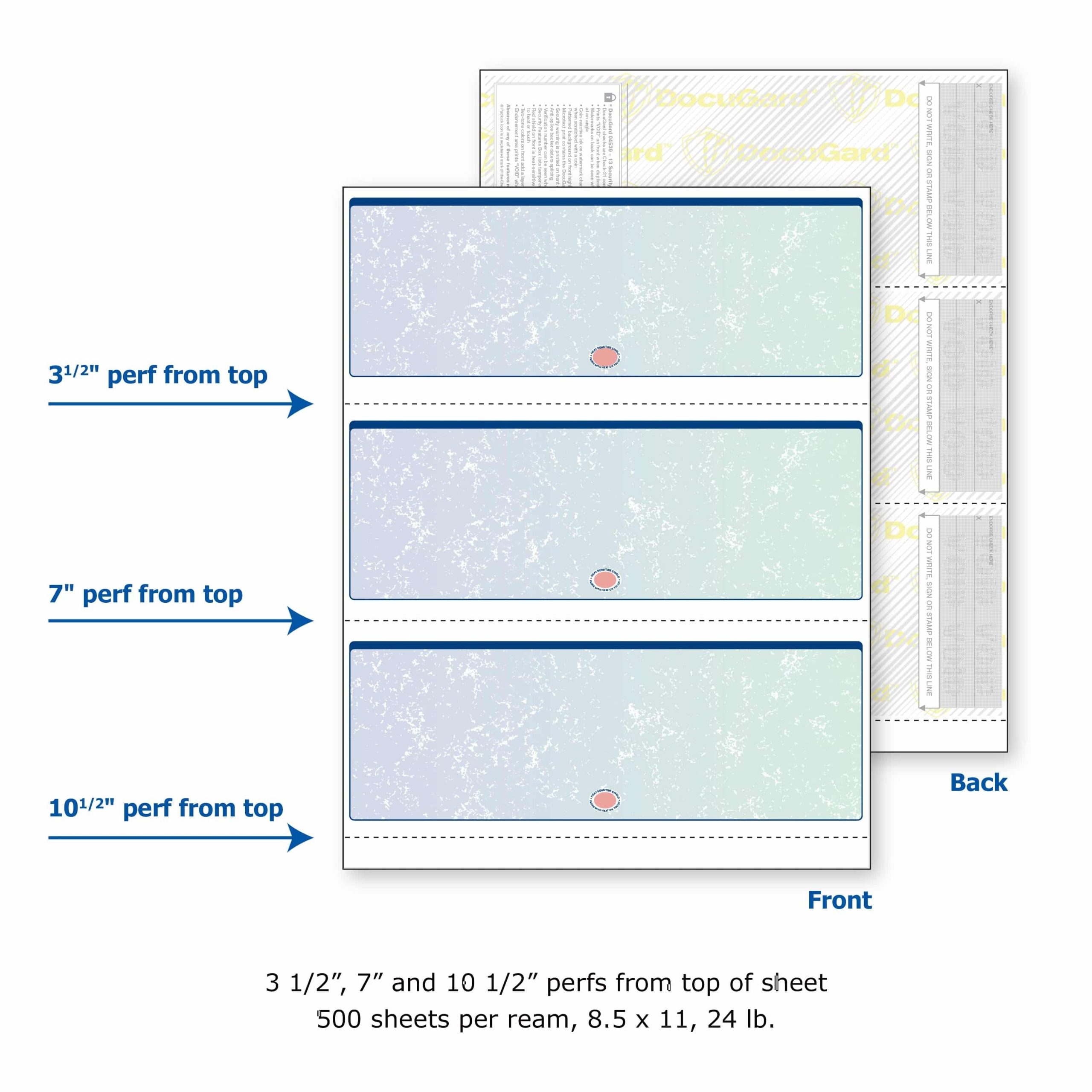8-1/2'' x 11" Premier Blue / Green Prismatic Laser Check, 3 Checks per Page, 24# Stock (Carton of 2500) - Image 4