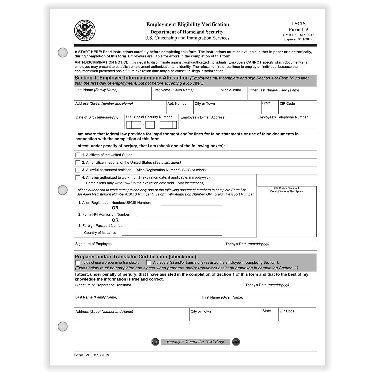 I-9 Employment Eligibility Verification 1-part Paper Forms (100 per Pkg)