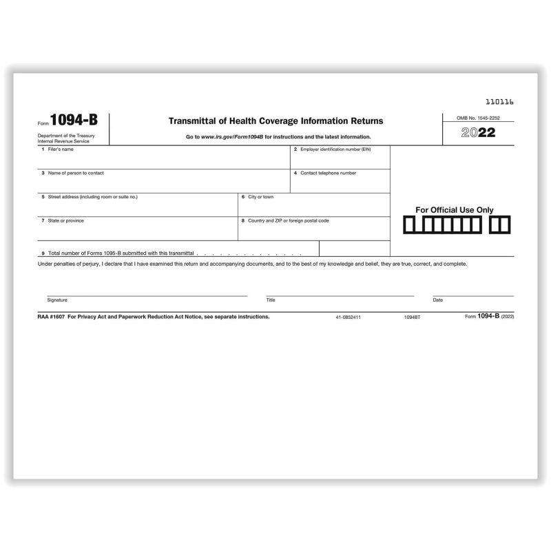 APEX/TFP 1094-B Transmittal Of Health Coverage Information Returns Transmittal For Form 1095-B - Pack of 500