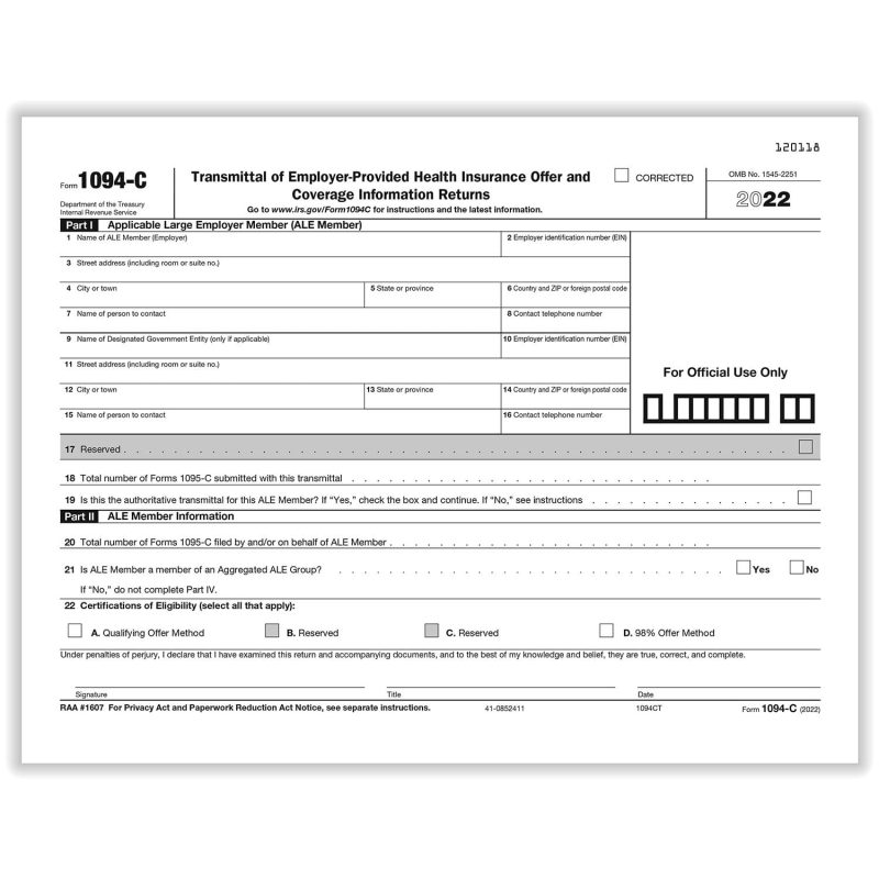 APEX/TFP 1094-C Transmittal Of Employer-Provided Health Insurance Offer And Coverage Information Returns For Form 1095C-3 Page Form - Pack of 500
