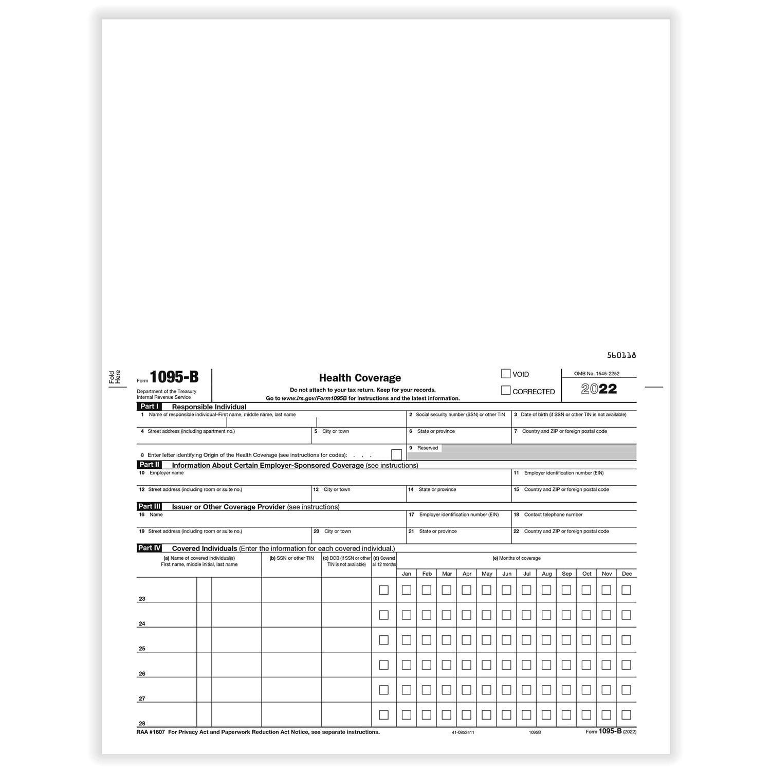 1095-B “Employee/Employer” Copy Health Coverage - Pack of 500