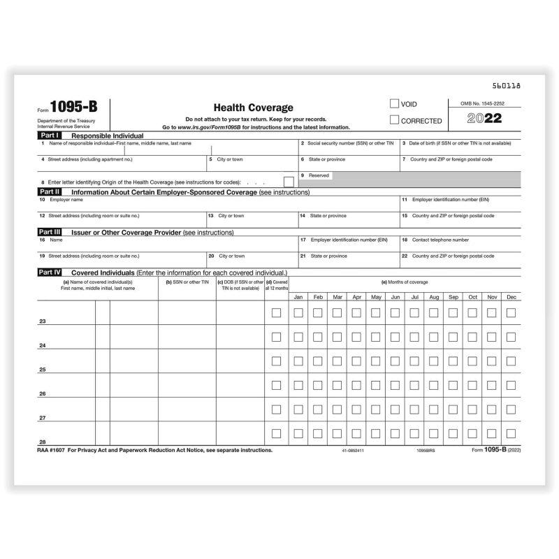 TFP 1095-B “IRS” Copy Health Coverage - Pack of 100
