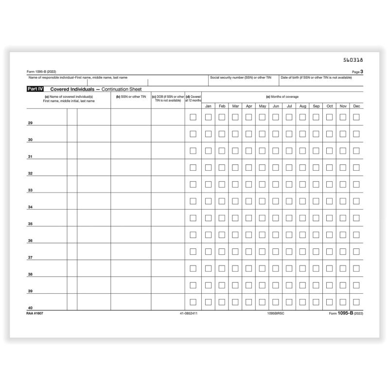 TFP 1095-B “IRS” Continuation Copy Health Coverage - Pack of 100