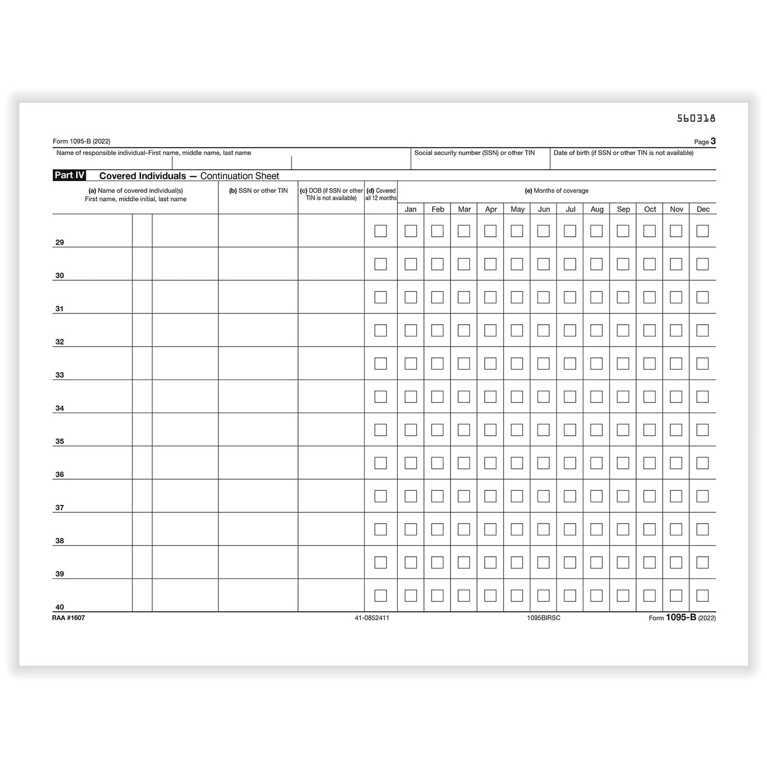 TFP 1095-B “IRS” Continuation Copy Health Coverage - Pack of 100