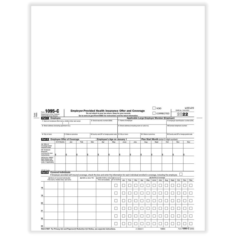 1095-C Employer-Provided Health Insurance Offer and Coverage Form (100 Sheets/Pack)