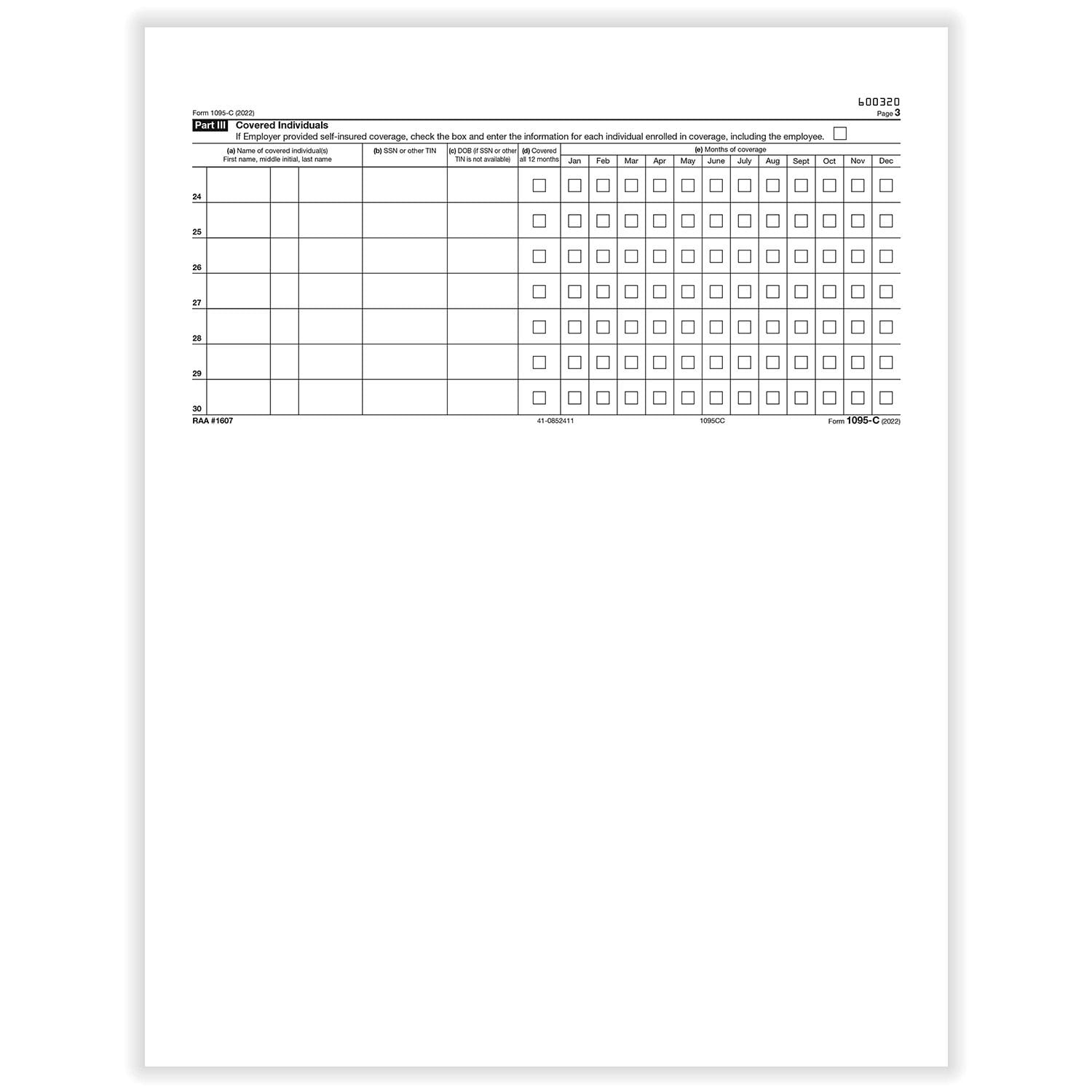 TFP Form 1095-C Continuation “Employee/Employer” Copy Employer-Provided Health Insurance Offer And Coverage - Pack of 100
