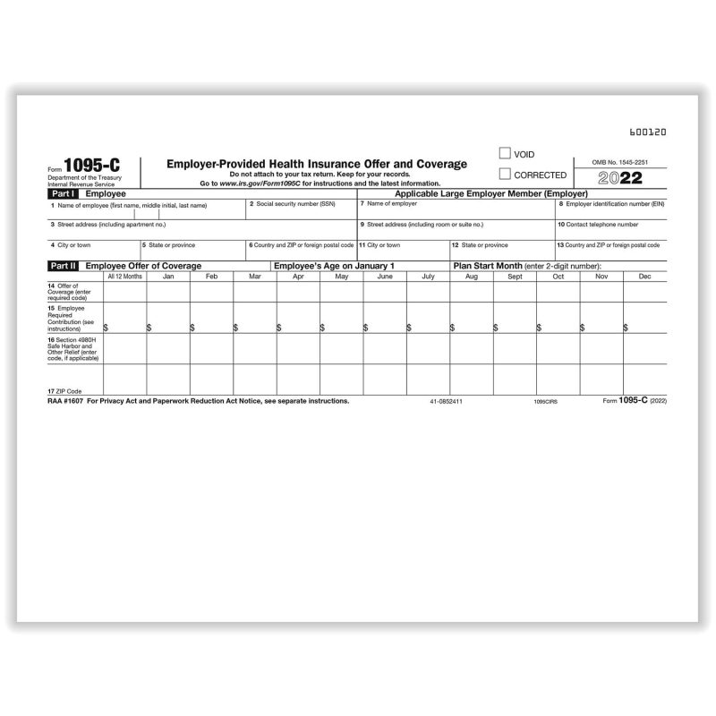 1095-C IRS Employer-Provided Health Insurance Offer and Coverage Form, Landscape Version (100 Sheets/Pack)