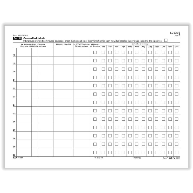 TFP Form 1095-C “IRS” Continuation Copy Employer-Provided Health Insurance Offer And Coverage - Pack of 100